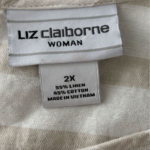 Vintage Liz Claiborne 2X Top Striped Beige and White Linen Blend Coastal Casual - Picture 3 of 13